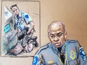 Minneapolis Police Chief Medaria Arradondo answers questions on the sixth day of the trial of former Minneapolis police officer Derek Chauvin for second-degree murder, third-degree murder and second-degree manslaughter in the death of George Floyd in Minneapolis, Minnesota, U.S. April 5, 2021 in this courtroom sketch.