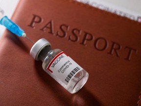 A syringe and a vial labelled "coronavirus disease (COVID-19) vaccine" are placed on a passport in this stock photo taken April 27, 2021.