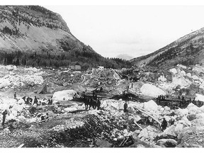 The disaster that came to be known as the Frank Slide saw part of Turtle Mountain slide into the Crowsnest Pass and into the town of Frank, becoming Canada's deadliest rockslide in history. Glenbow Archives photo; NA-3437-6.
