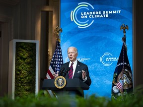 U.S. President Joe Biden speaks during the virtual Leaders Summit on Climate in the East Room of the White House in Washington, D.C., U.S., on Thursday, April 22, 2021. Biden pledged to cut U.S. greenhouse gas emissions in half by 2030.