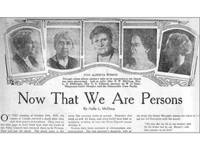 The Famous Five (left to right) Nellie McClung, Louise McKinney, Henrietta Muir Edwards, Emily Murphy, Irene Parlby.   Image courtesy of Farm and Ranch Review, January 2, 1930.