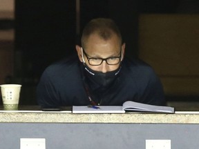 Calgary Flames general manager Brad Treliving watches practice during training camp at the Saddledome in Calgary on Tuesday, July 14, 2020.