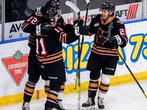 The Calgary Hitmen celebrate during their 7-4 win over the Lethbridge Hurricanes at the Enmax Centre in Lethbridge on Sunday, March 21, 2021. Erica Perreaux/Special to Postmedia