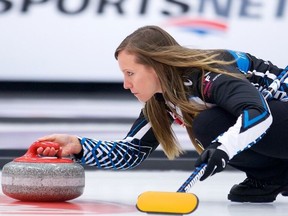 Rachel Homan skips a rock down the ice at the Humpty's Champions Cup in Calgary on Thursday, April 15, 2021.