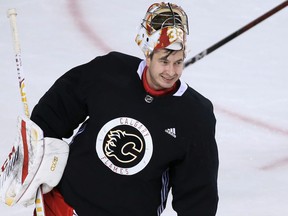 Calgary Flames goaltender David Rittich takes part in practice during the first day of training camp in Calgary on Monday, January 4, 2021.