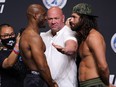 Apr 23, 2021; Jacksonville, Florida, USA; UFC president Dana White (white shirt) stands between Kamaru Usman (L) and Jorge Masvidal (R) during weigh-ins for UFC 261 at VyStar Veterans Memorial Arena. Mandatory Credit: Jasen Vinlove-USA TODAY Sports ORG XMIT: IMAGN-451002