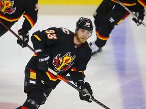 Calgary Flames forward Sam Bennett during warm-up before a game against the Edmonton Oilers at the Saddledome in Calgary on Saturday, Feb. 6, 2021.