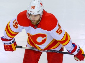 Calgary Flames Noah Hanifin during NHL hockey training camp intrasquad game at the Saddledome in Calgary on Monday January 11, 2021.