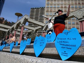 A year after Canada's deadliest rampage in Nova Scotia, Tammy Oliver-McCurdie speaks at a Rally for Truth, Accountability, and Reconciliation in Olympic Plaza. 22 people were killed during a 13-hour massacre throughout Nova Scotia. Tammy Oliver-McCurdie is a family member of three of the victims. Saturday, April 17, 2021. Brendan Miller/Postmedia