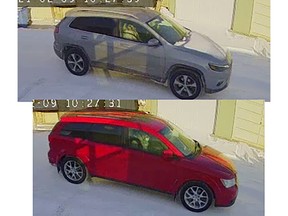 Police are looking for a red Dodge Journey and a light grey Jeep Cherokee in connection with a brazen daytime car theft that left two people in hospital with gunshot wounds on Feb. 9, 2021.