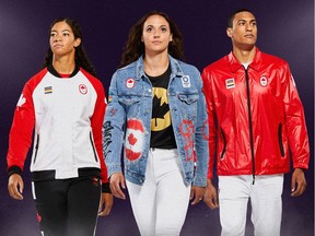 From left to right: Sarah Douglas (Sailing) wearing Podium outfit, Kylie Masse (Swimming) wearing Closing Ceremony outfit and Pierce Lepage (Athletics) wearing Opening Ceremony outfit. (Photo: Team Canada)