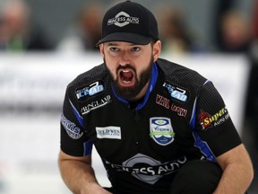 Third Reid Carruthers of the Mike McEwen team screams to his sweepers during the provincial men's curling championship final at Eric Coy Arena in Winnipeg on Feb. 9, 2020. Kevin King/Winnipeg Sun/Postmedia Network