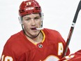 Calgary Flames Matthew Tkachuk during a break in the third period of a NHL game against Montreal Canadiens at Scotiabank Saddledome on Monday, April 26, 2021.