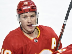 Calgary Flames Matthew Tkachuk during a break in the third period of a NHL game against Montreal Canadiens at Scotiabank Saddledome on Monday, April 26, 2021. Azin Ghaffari/Postmedia