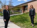 STEM Innovation Academy co-founders Sarah Bieber, left, and Lisa Davis pose for a photo outside their charter school's new location on Thursday, May 13, 2021. 