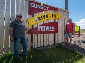 Wes Shaw, left, and Jeff Langford, who co-own the High River Sunset Drive-In with Roger Hamel (not pictured), were photographed on Sunday, May 16, 2021.