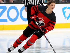 SAN JOSE, CA - JANUARY 25:  Rebecca Johnston, of the Canadian women's hockey team competes in the Gatorade NHL Puck Control during the 2019 SAP NHL All-Star Skills at SAP Center on January 25, 2019 in San Jose, California.