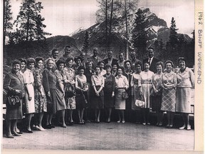 The Banff Book Discussion Group in 1962, on the balcony of Donald Cameron Hall, Banff Centre. Courtesy Banff Book Discussion Weekend