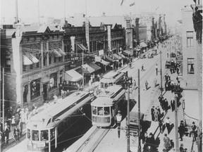 Transit fares started at five cents a ride in Calgary. Pictured here, streetcars dominate a busy 8th Avenue in early Calgary. By 1913, the city had 90 kilometres of streetcar tracks. Canadian Pacific photo; Calgary Herald archives.