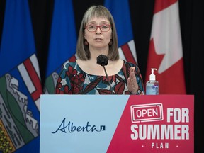 Dr. Deena Hinshaw, Alberta's chief medical officer of health, speaks in Edmonton on Thursday, May 27, 2021.