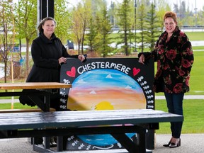Chestermere residents Michelle Eldjarnson, left and Laurie Dunn are organizing a fundraiser to pool money together for community small businesses struggling through the pandemic. They were photographed in Chestermere's John Peake Memorial Park on Monday, May 24, 2021.  Gavin Young/Postmedia