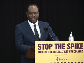 Minister of Justice and Solicitor General Kaycee Madu joins other provincial minister as they speak from Edmonton and Calgary on Wednesday, May 5, 2021, a recap of the new COVID-19 health measures being implemented in Alberta.