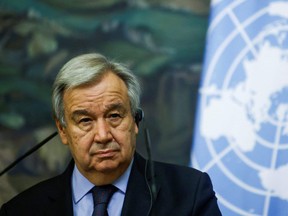 United Nations Secretary-General Antonio Guterres attends a joint press conference with Russian Foreign Minister following their talks in Moscow on May 12, 2021.