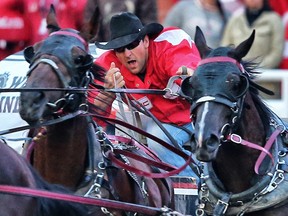 Kurt Bensmiller races in the Rangeland Derby at the 2017 Calgary Stampede.