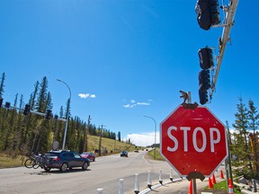 Newly installed traffic lights remain covered at the main intersection in Bragg Creek on Tuesday, May 18, 2021. The stop signs will come down and the lights begin operating on Thursday ahead of the long weekend. The four-way stop has long been a congestion point.