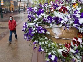 Snow gathers on flowers in baskets as Calgarians walk into the downtown COVID-19 immunization clinic on a cool morning, Thursday, May 20, 2021.