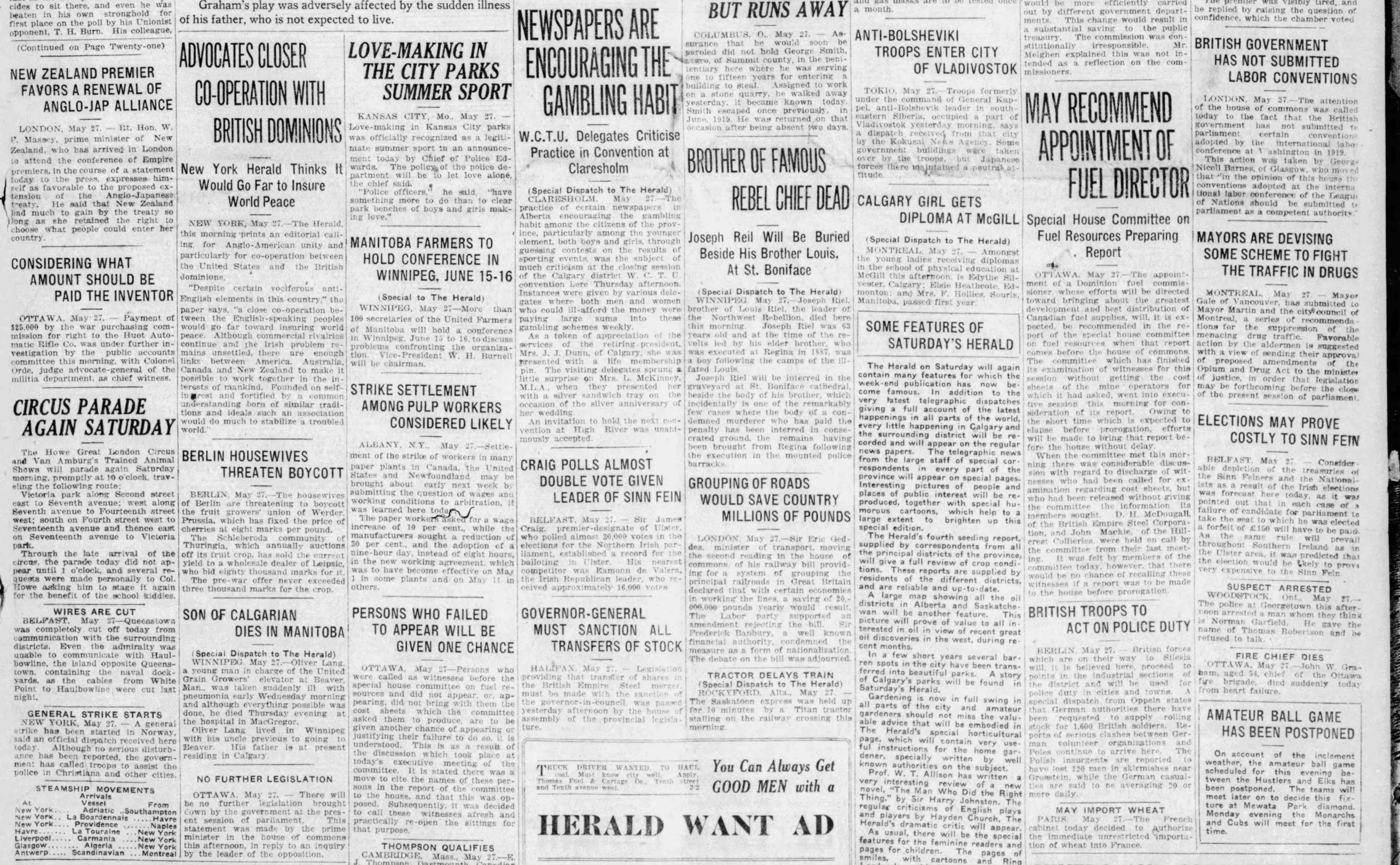 Love-Making in City Parks a Summer Sport Sex, Drugs and Gambling on the Front Page 100 years ago Calgary Herald