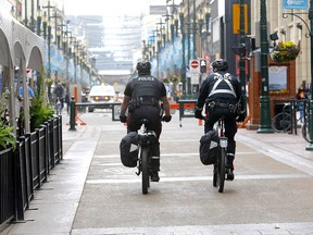 Calgary police patrol Stephen Avenue mall in downtown Calgary as COVID cases continue to rise on Monday, May 3, 2021.