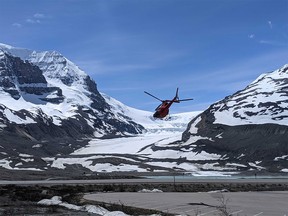 A STARS Air Ambulance takes off from the Columbia Icefield after reports of an avalanche on May 30, 2021.