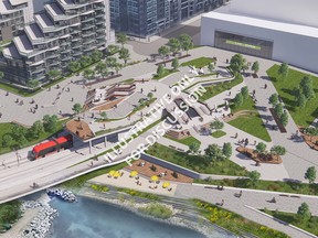 Rendering of the proof of concept design to re-route the Eau Claire Promenade up-and-over the Green Line LRT alignment (birds-eye view of the future plaza area).