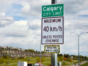 A new 40 km/h speed limit sign is shown on Highway 1A near 12 Mile Coulee Road N.W. The new speed limit takes effect on May 31, 2021.