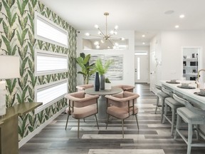 The dining area in the Cruz 20 show home by Jayman Built in Wolf Willow.