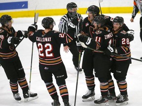 The Calgary Hitmen celebrate a goal by Jackson van de Leest against the Medicine Hat Tigers at the Seven Chiefs Sportsplex on Tsuut’ina Nation on Sunday, March 14, 2021.