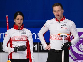 Team Canada's Kerri Einarson and Brad Gushue compete at curling's world mixed doubles tournament in Aberdeen, Scotland on Wednesday, May 19, 2021. Photos courtesy of © WCF / Celine Stucki