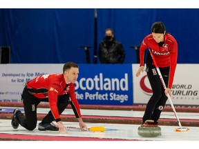 Team Canada's Kerri Einarson and Brad Gushue compete in world mixed doubles curling action in Aberdeen, Scotland on Monday, May 17, 2021. Photos courtesy of © WCF / Céline Stucki.