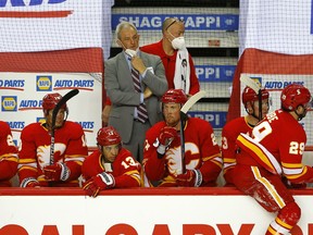 Calgary Flames coach Darryl Sutter looks on in last few minutes down 4-0 against the Winnipeg Jets in third period NHL action at the Scotiabank Saddledome in Calgary on Wednesday, May 5, 2021. Darren Makowichuk/Postmedia