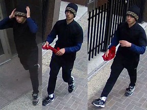 Calgary police are looking for a suspect believed to be responsible for a string of robberies in downtown Calgary on May 10-12.