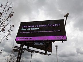 The Alberta government targets vaccine hesitancy with an electronic billboard in Royal Oak on Tuesday, May 25, 2021.