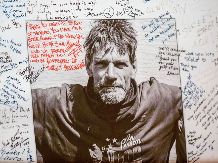  Pictured is a framed photo of Paul Wilkinson by Stefan Legisa, which is signed by members of the community and participants at his Wilkinson’s funeral, on Friday, June 4, 2021. Azin Ghaffari/Postmedia