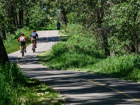 Two cyclists spend the warm and sunny afternoon in Fish Creek Park on Wednesday, June 16, 2021.