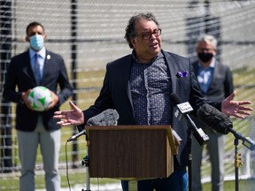 Mayor Naheed Nenshi speaks at a press conference to announce City Council's approval of $154 million to support the development of six capital recreation projects on Friday, June 25, 2021. Azin Ghaffari/Postmedia