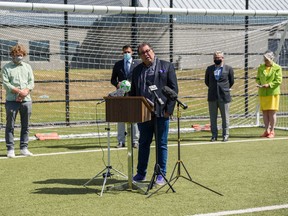 Mayor Naheed Nenshi speaks at a press conference to announce city council's approval of $154 million to support the development of six capital recreation projects on Friday, June 25, 2021.