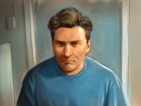 Paul Bernardo is shown in this courtroom sketch during Ontario court proceedings via video link in Napanee, Ont., on Friday, October 5, 2018.