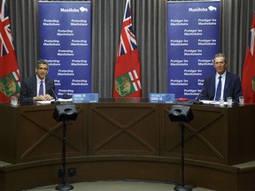 Premier Brian Pallister and Manny Atwal, president and CEO, Manitoba Liquor and Lotteries, during a vaccine incentive announcement Wednesday morning. The province will be offering nearly $2 million in cash and scholarships to encourage more Manitobans to get the shot this summer.