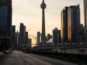 Front St and Bathurst St are empty during lockdown on June 7, 2021 in Toronto.