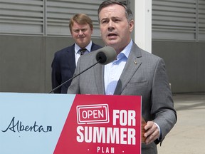Premier Jason Kenney and Minister of Health Tyler Shandro at the Edmonton Expo Centre on Monday, June 14, 2021. They spoke of a new lottery to help encourage everyone to get the COVID-19 vaccine.